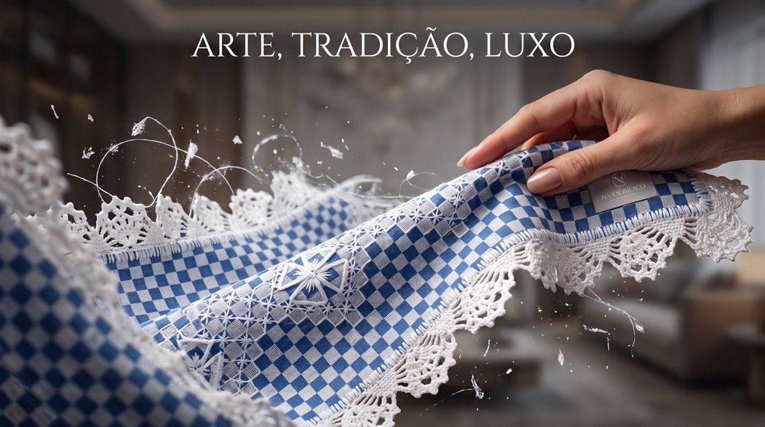 Peça de mesa posta em xadrez azul e branco com renda